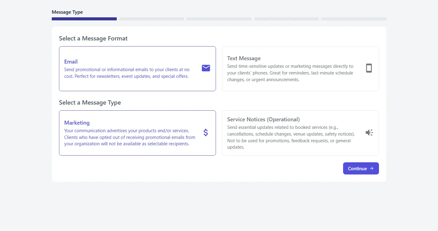 PassM8 message setup showing Email and Text Message formats, with Marketing and Service Notices operational message types.