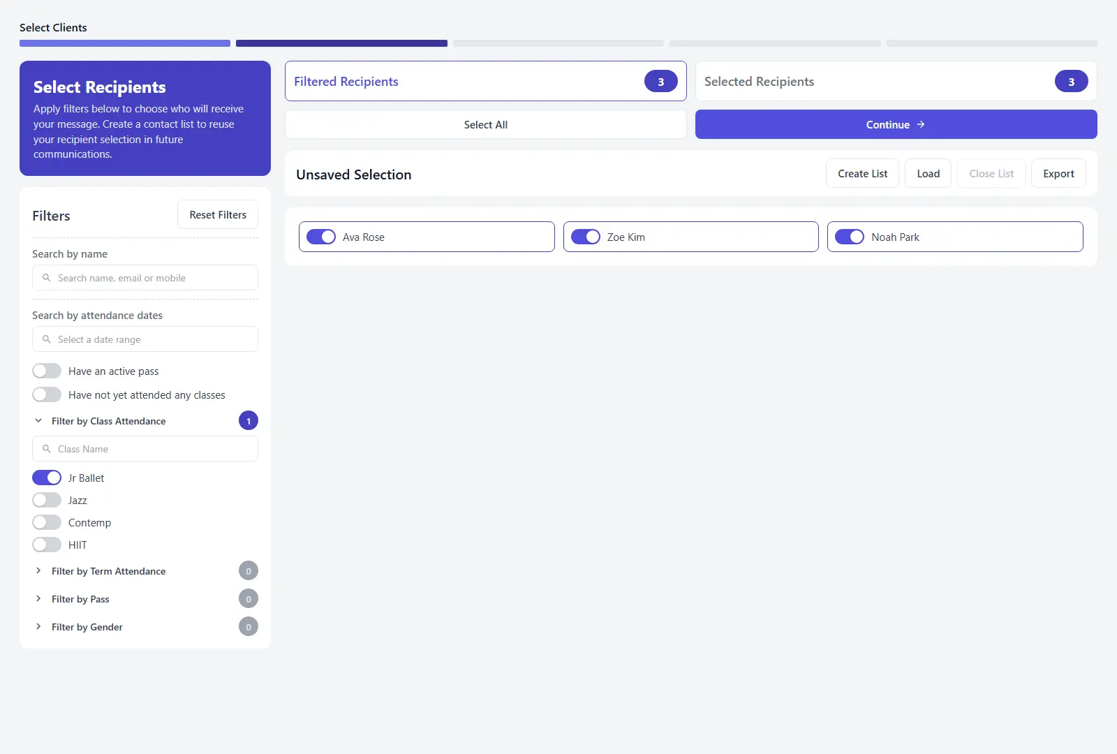 PassM8 recipient selection screen showing filters for class attendance, passes and other client information.